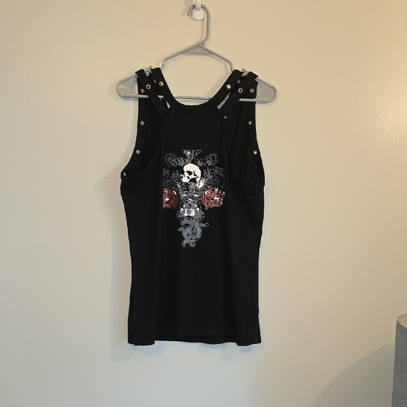 **4/$20 TEES**Black Sleeveless Top with Skull And Rose Design Biker Chick LOT K - Picture 4 of 6